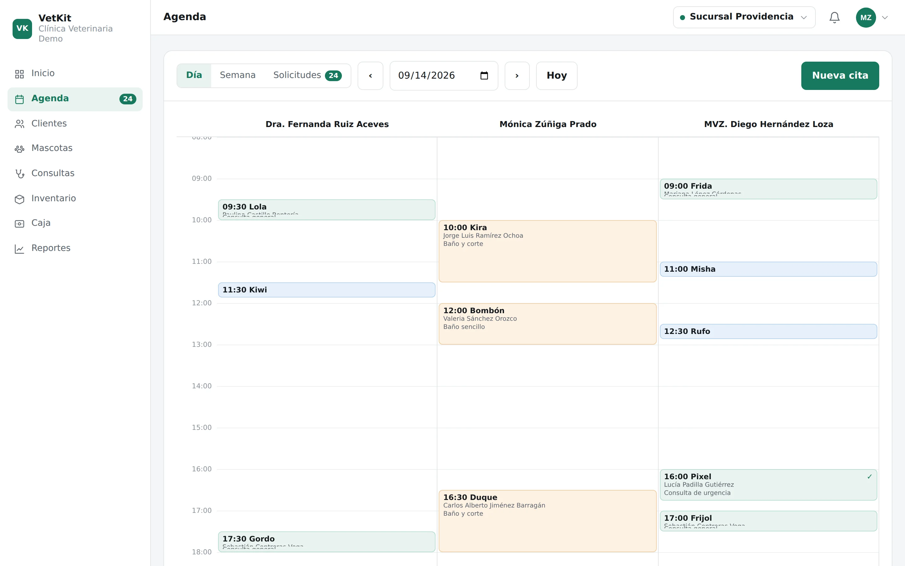 Agenda del día por veterinario y estética en VetKit