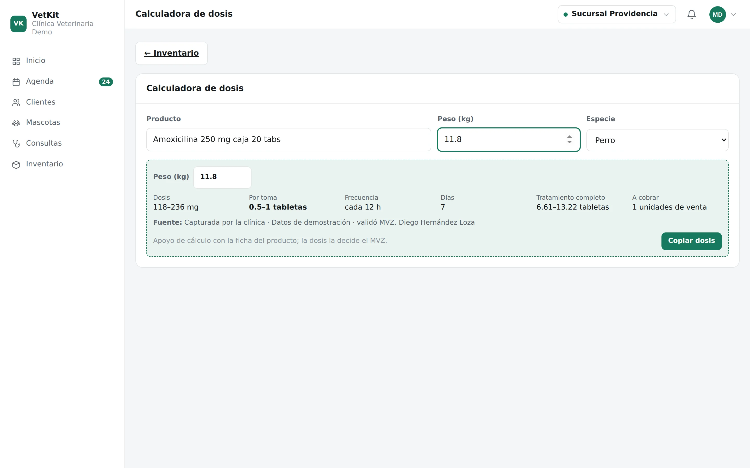 Calculadora de dosis veterinaria de VetKit por peso y especie