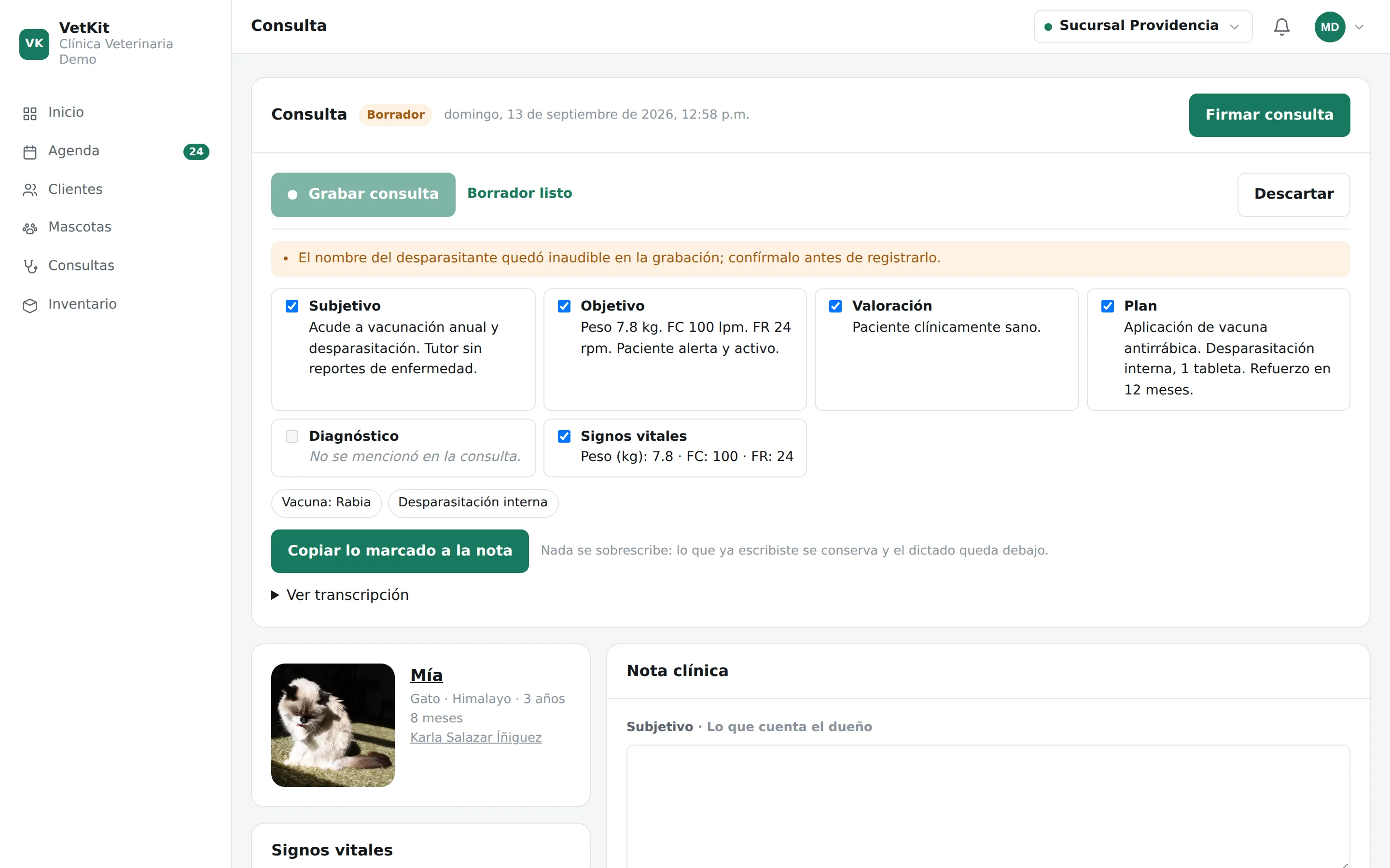 Consulta SOAP con el borrador del scribe de IA en VetKit