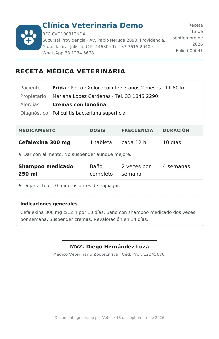 Receta veterinaria en PDF con logo de la clínica generada por VetKit