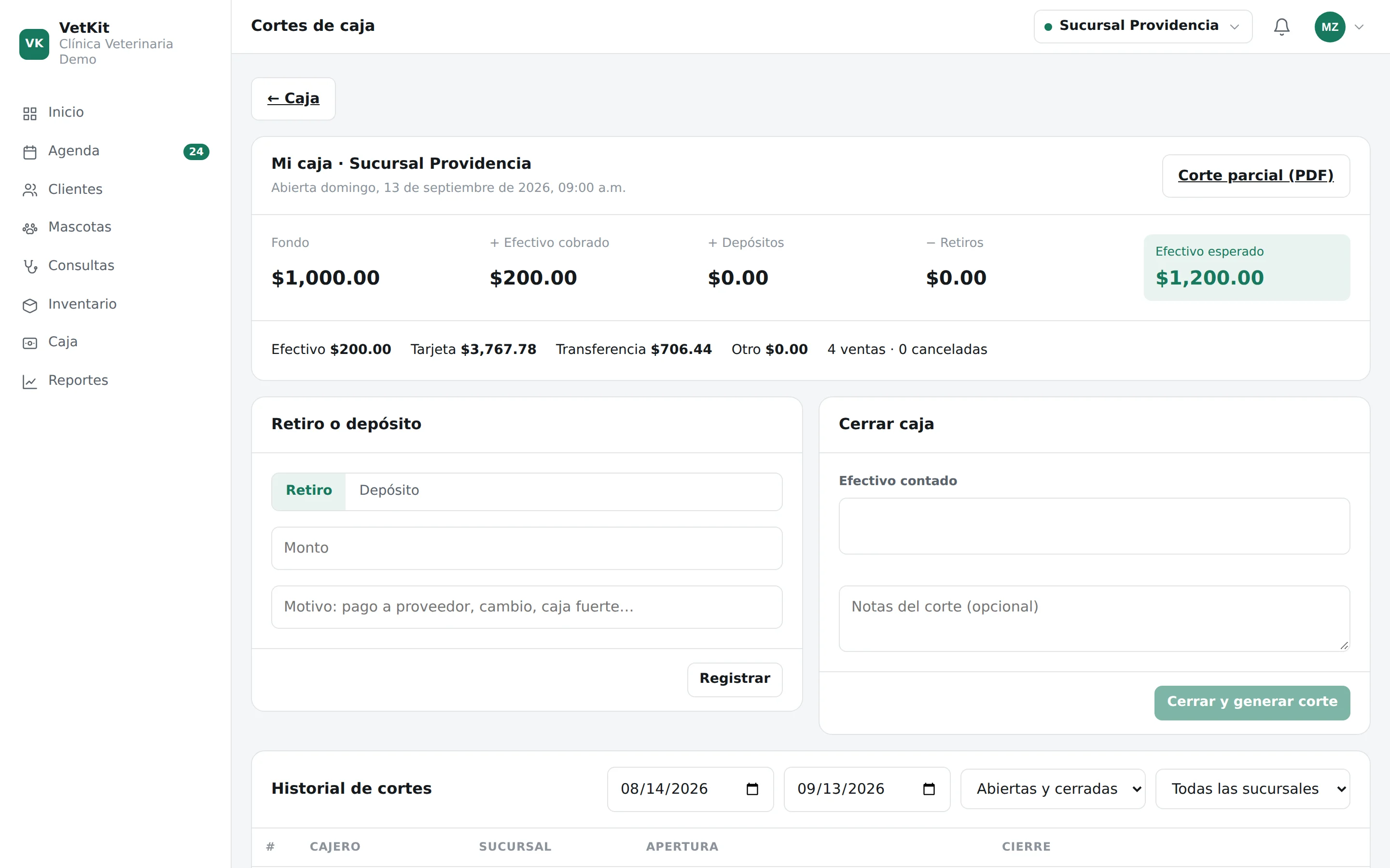Corte de caja por sucursal en VetKit con el efectivo esperado